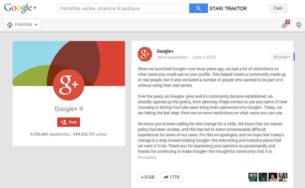 Google+ sada dopušta izmišljena imena