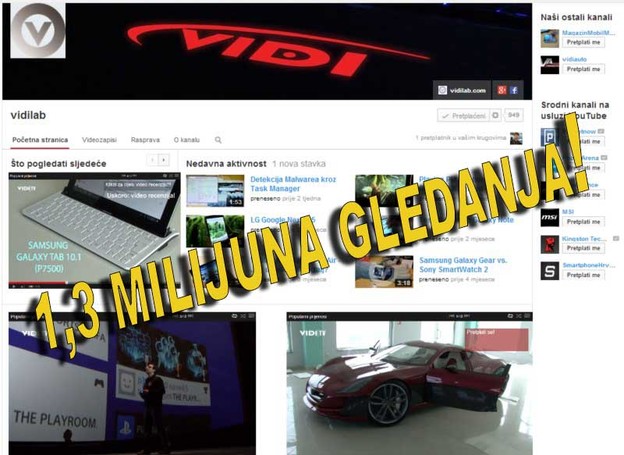 VIDEO: 1,3 milijuna gledanja VIDI TV-a na YouTubeu VIDEO: 1,3 milijuna gledanja VIDI TV-a na YouTubeu