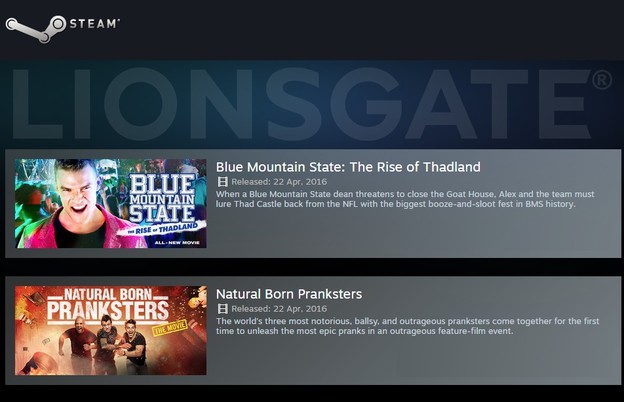 Steam nudi rentanje filmova Lionsgatea Steam nudi rentanje filmova Lionsgatea