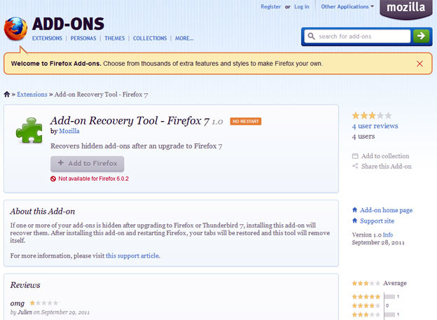 Aplikacija za povratak izgubljenih add-onova u Firefoxu 7 Aplikacija za povratak izgubljenih add-onova u Firefoxu 7