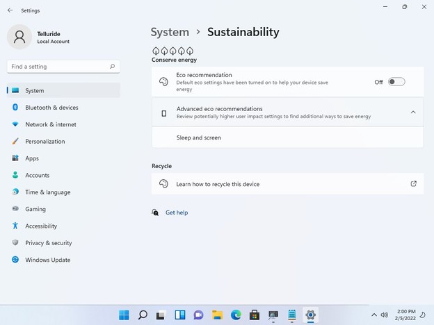 Održivost u Windows 11 postavkama